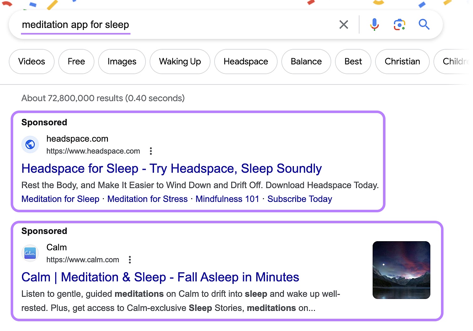 Search ads from Headspace and Calm for “meditation app for sleep"