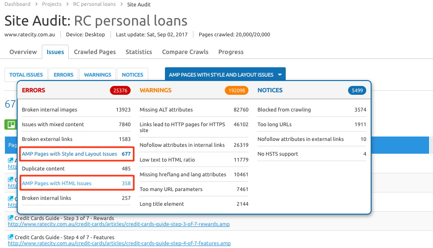 AMP in SEMrush Site Audit report