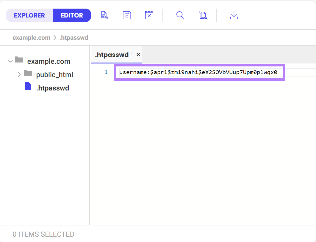 Encrypted password along with a username inside the .htpasswd file.