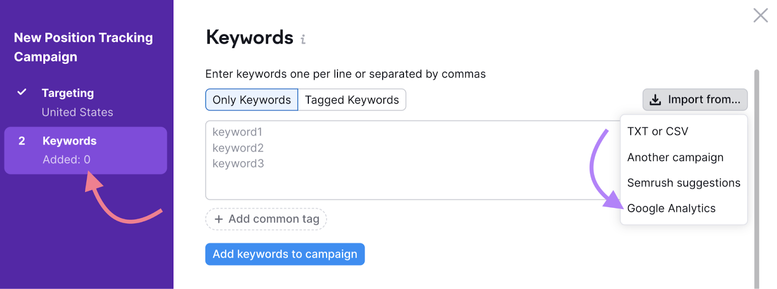 Import keywords from Google Analytics to Position Tracking tool
