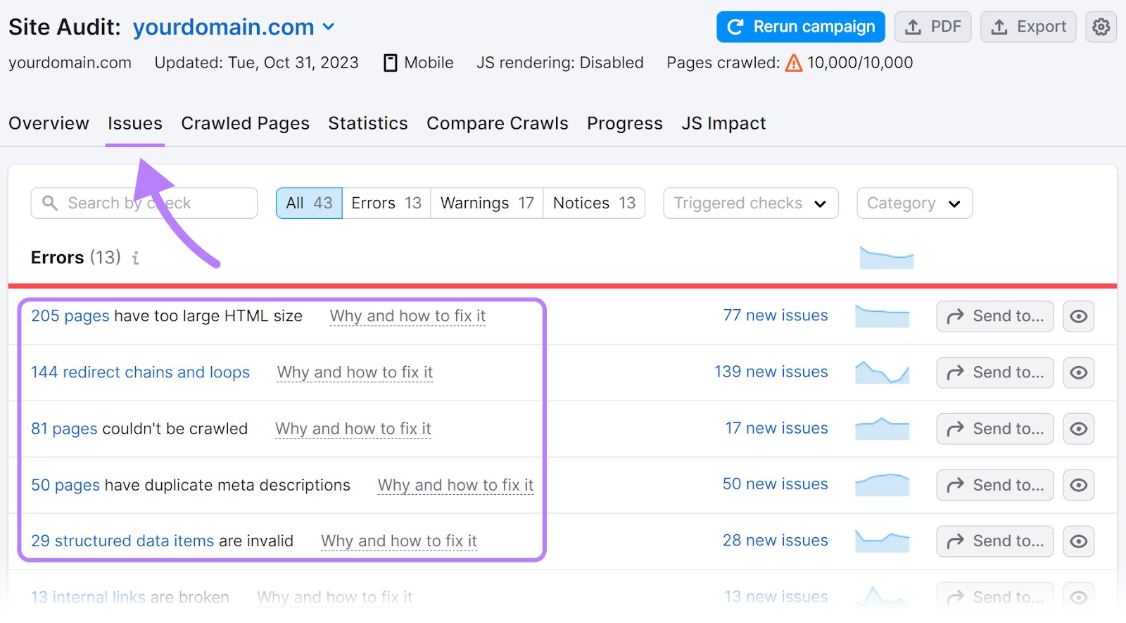 A list of "Errors" under "Issues" tab in Site Audit tool