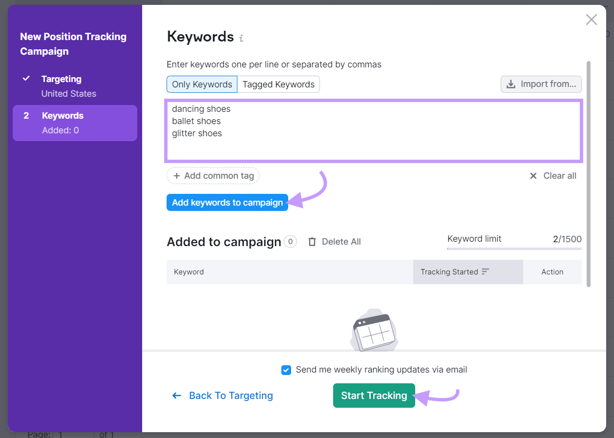 "Keywords" window in Position Tracking tool settings