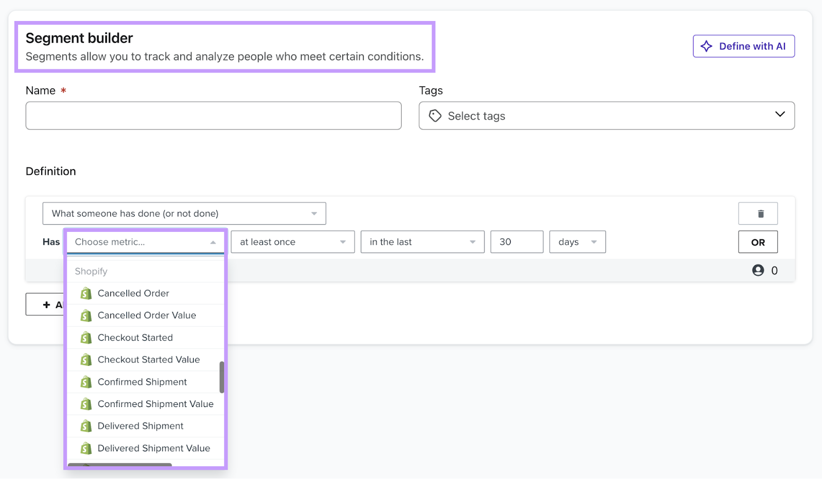 Klaviyo email marketing software dashboard showing the ability to create segments