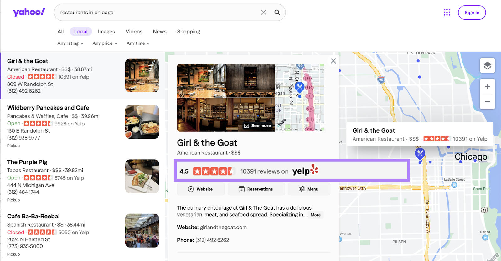 A Yahoo local search shows business profiles alongside a map as well as the rating and number of reviews on Yelp.