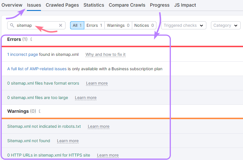 Results for “sitemap" in the Site Audit's "Issues" tab