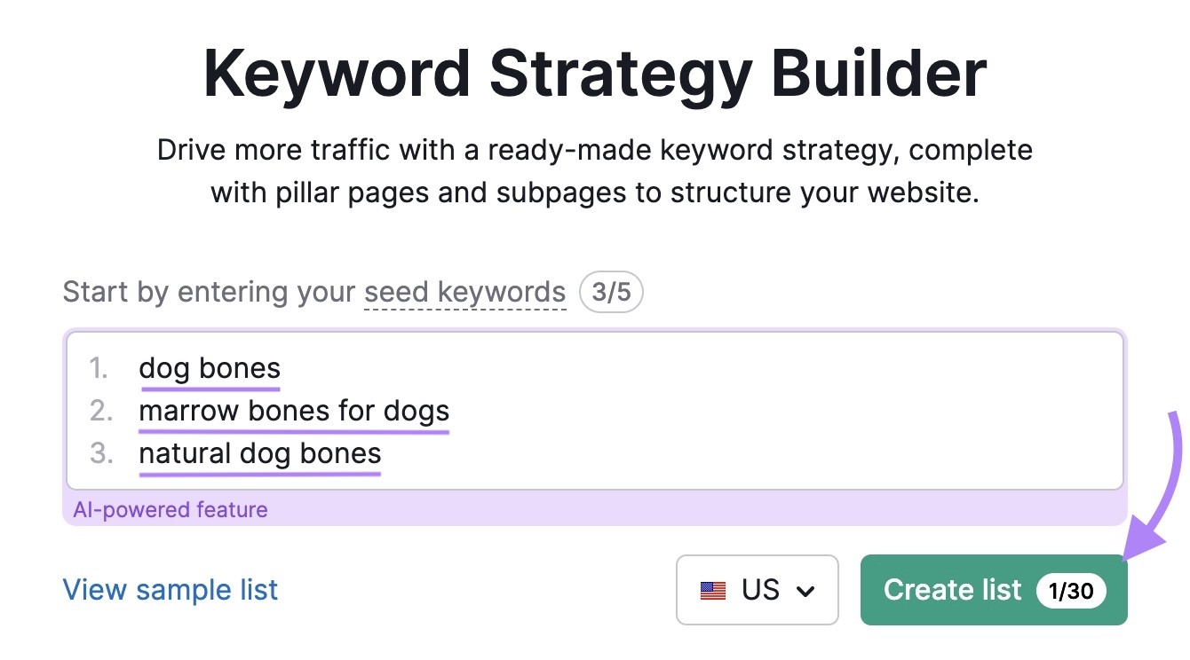 Keyword Strategy Builder tool-start with three seed terms entered and the "Create list" button clicked