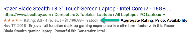 A screenshot of a rich result for the Razer Blade Stealth 13.3 inch laptop which clearly displays the price to the user