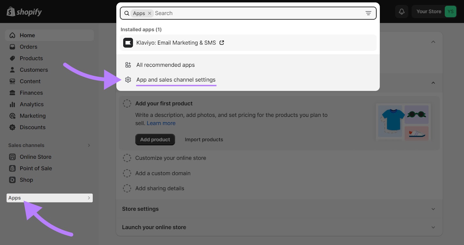 “Apps and sales channel settings" button highlighted in Shopify Admin