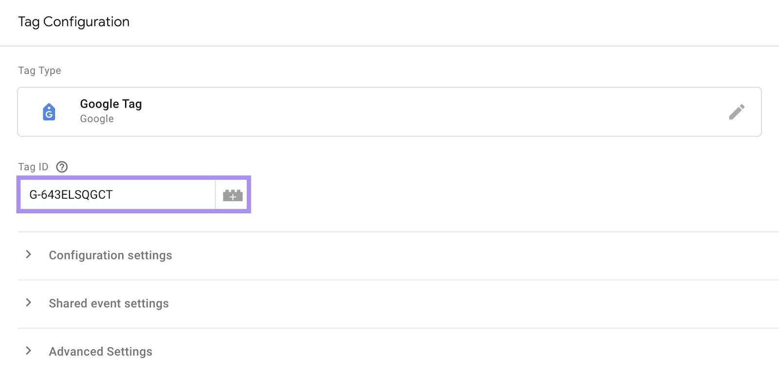 GA4 data stream’s measurement ID added under "Tag ID" field