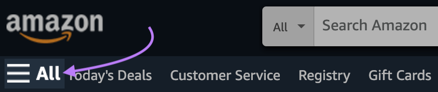 “All” button highlighted on Amazon's homepage