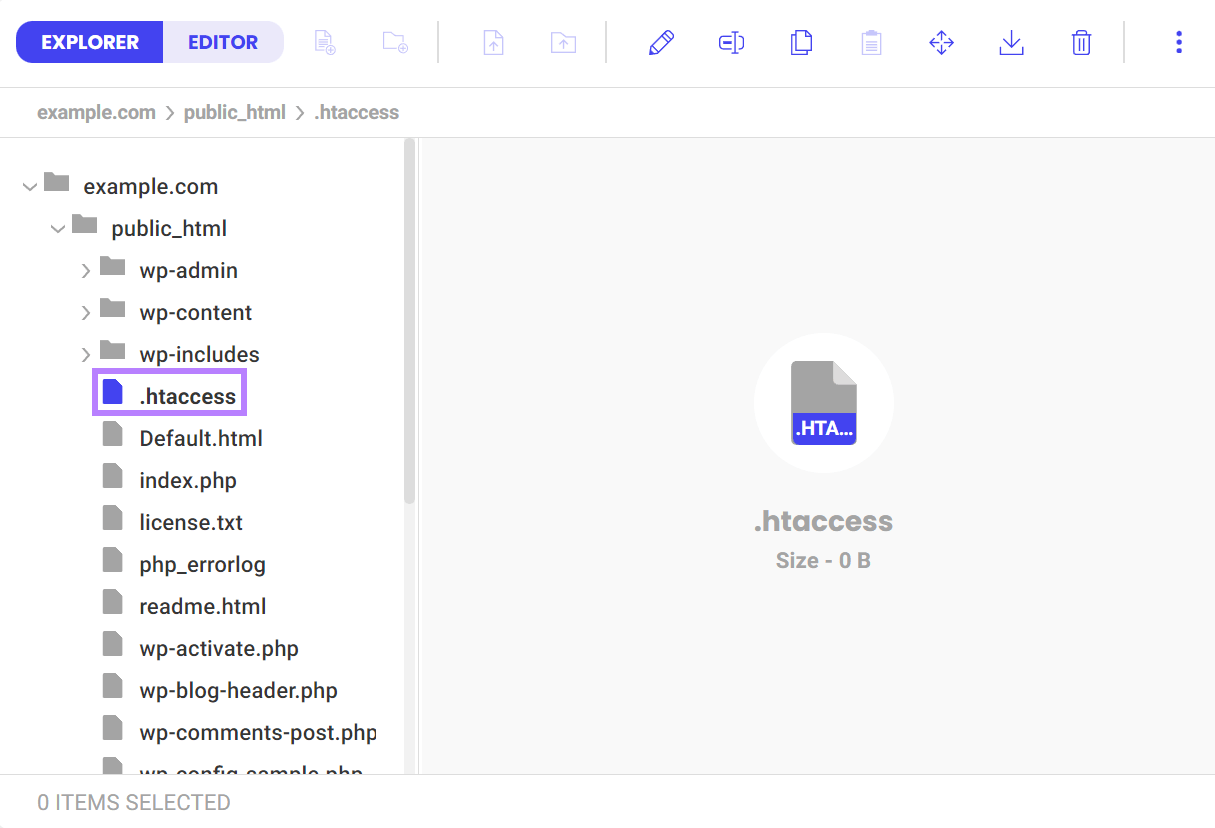 Web host file manager showing a blank .htaccess file created from scratch.