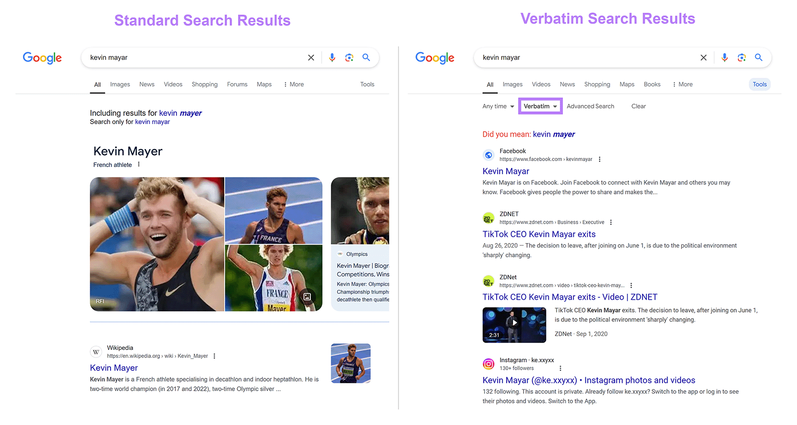 Composite image comparing standard search results with verbatim search results for 'kevin mayar'