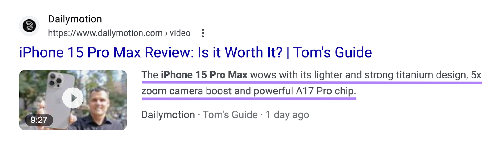 A video description highlighted under Dailymotion's video result on SERP