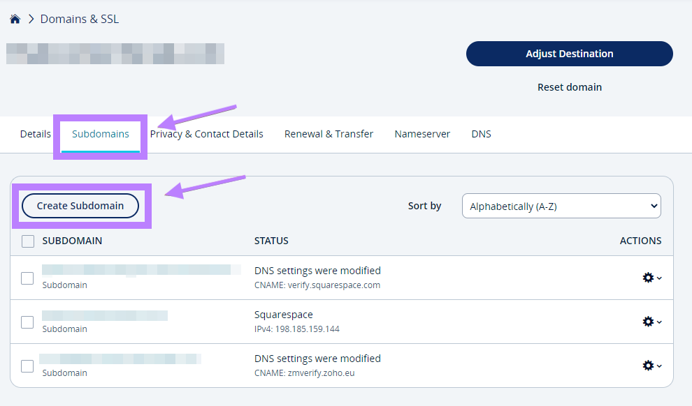 Navigating to “Create Subdomain” button in IONOS 