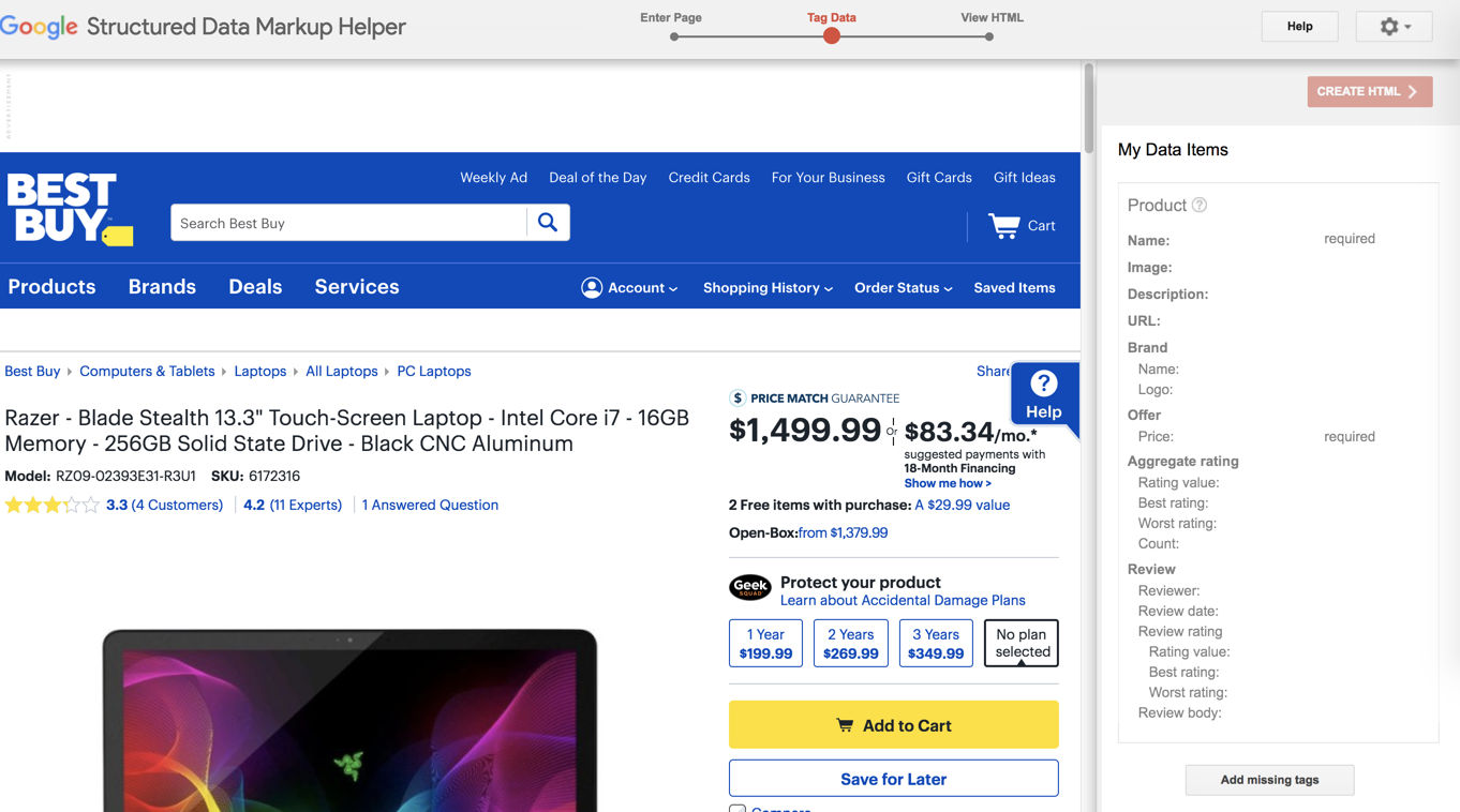 A screenshot of the page a user will see when inputing the URL for the Razer Blade Stealth laptop URL into the Google Structured Data Markup Helper tool