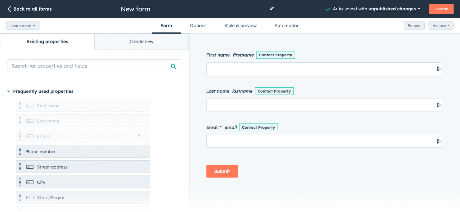 HubSpot Marketing Hub's drag-and-drop form builder