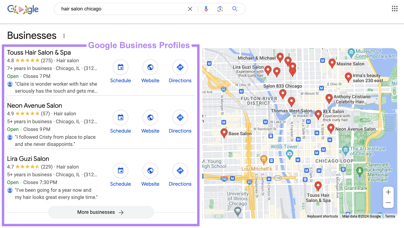 local pack with google business profiles highlighted to the left of the google map