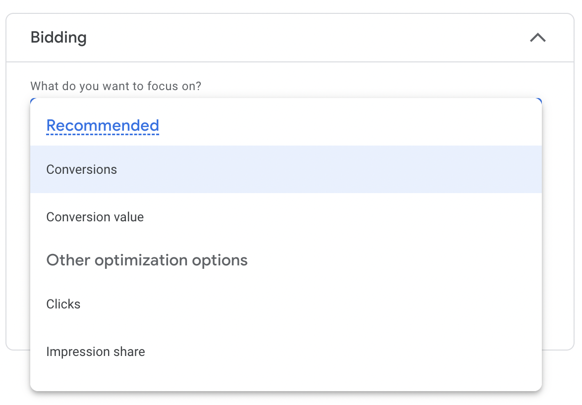 "Bidding" drop-down menu in Google Ads