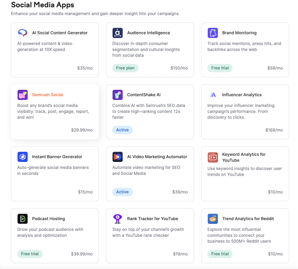 social media apps in the Semrush App Center