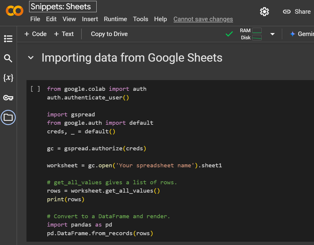 Google Colab example shows importing data from Google Sheets.