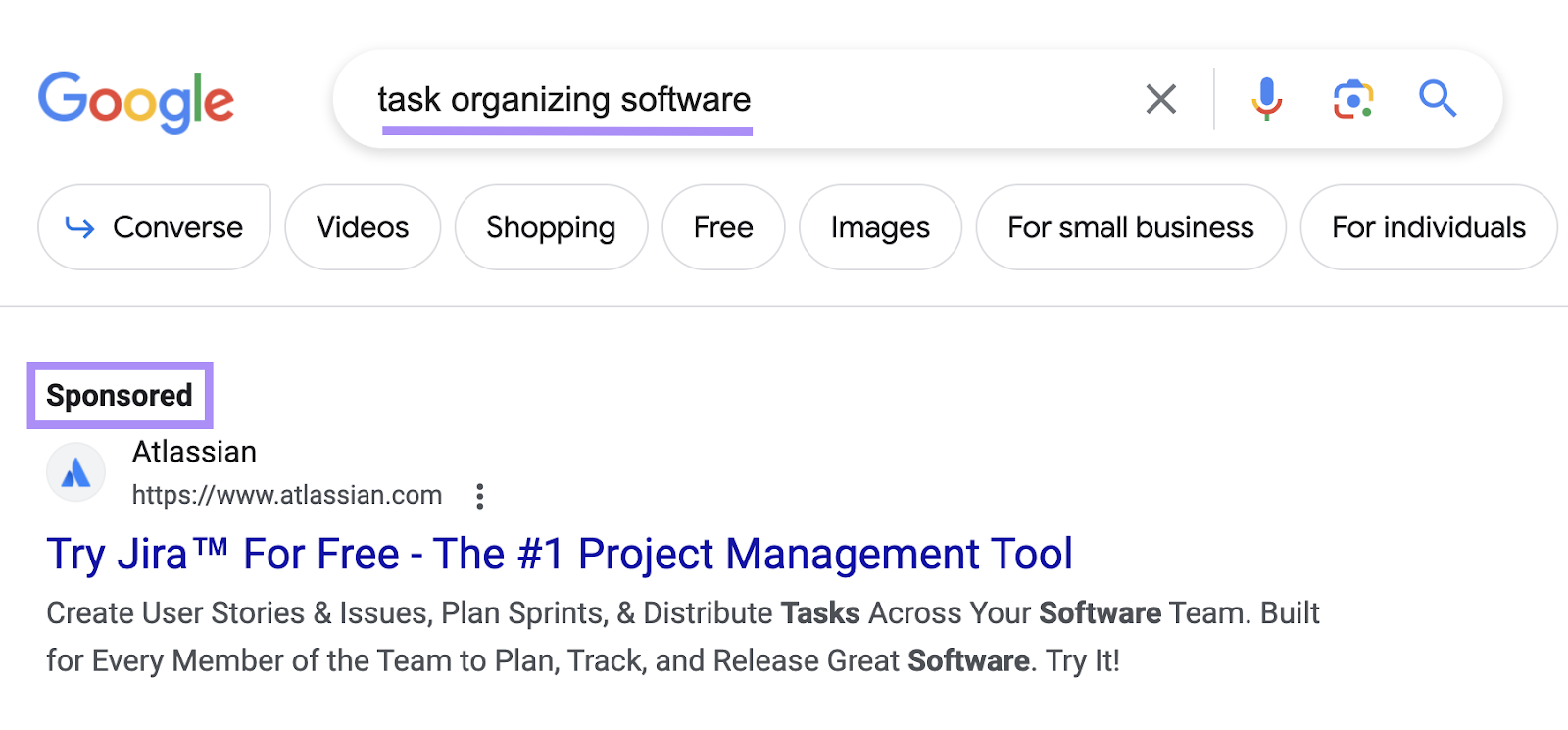 A PPC ad on Google for the term "task organizing software" has a "sponsored" label