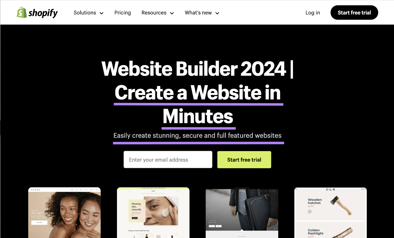 Landing page copy says create a website in minutes. Easily create stunning, secure and full featured websites.