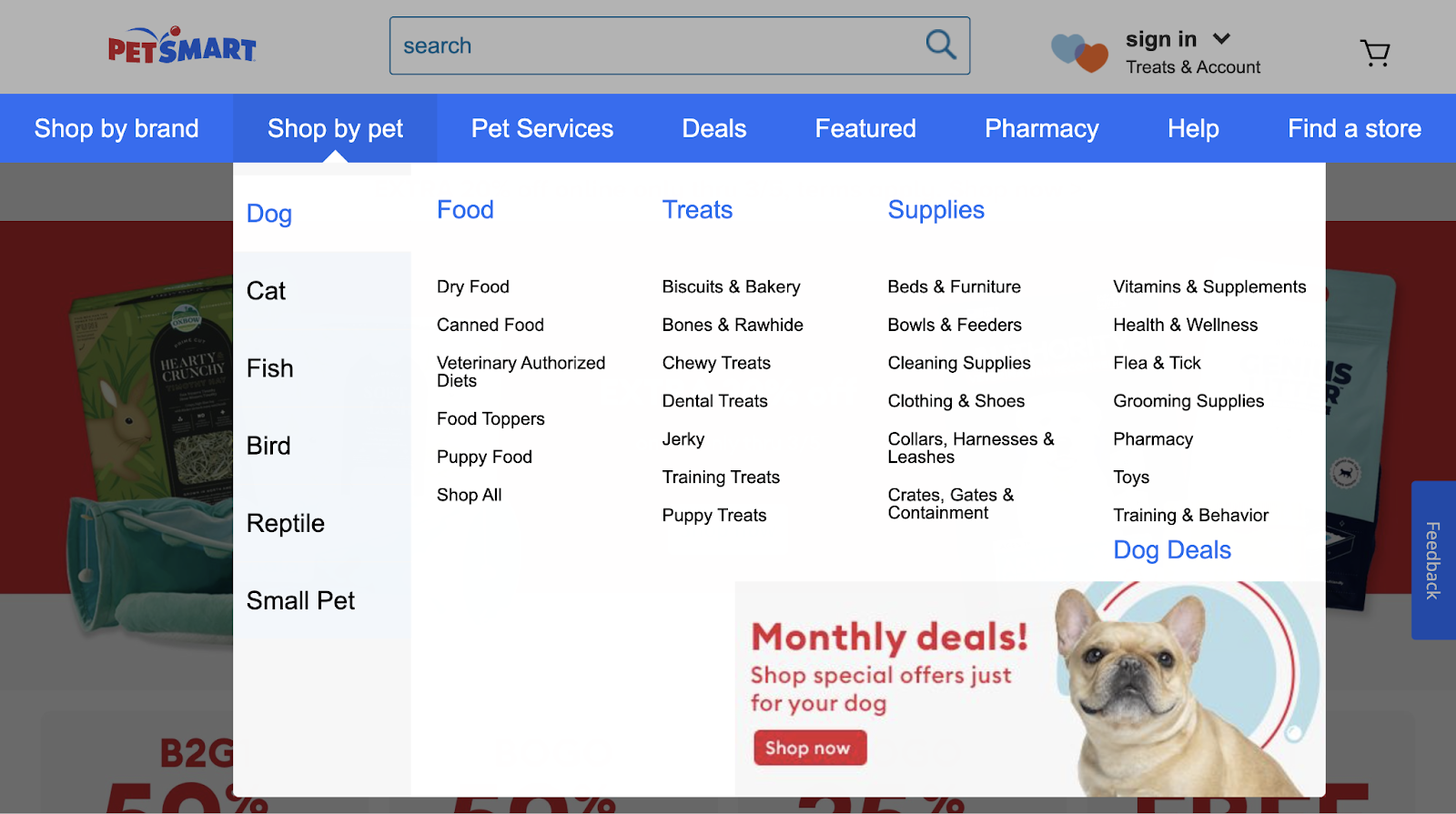 drop-down header navigation from PetSmart that provides an easy way to access its many pages