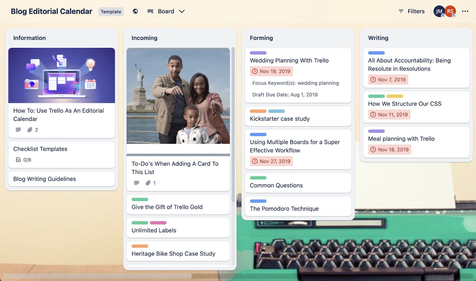 A Trello board titled "Blog Editorial Calendar"