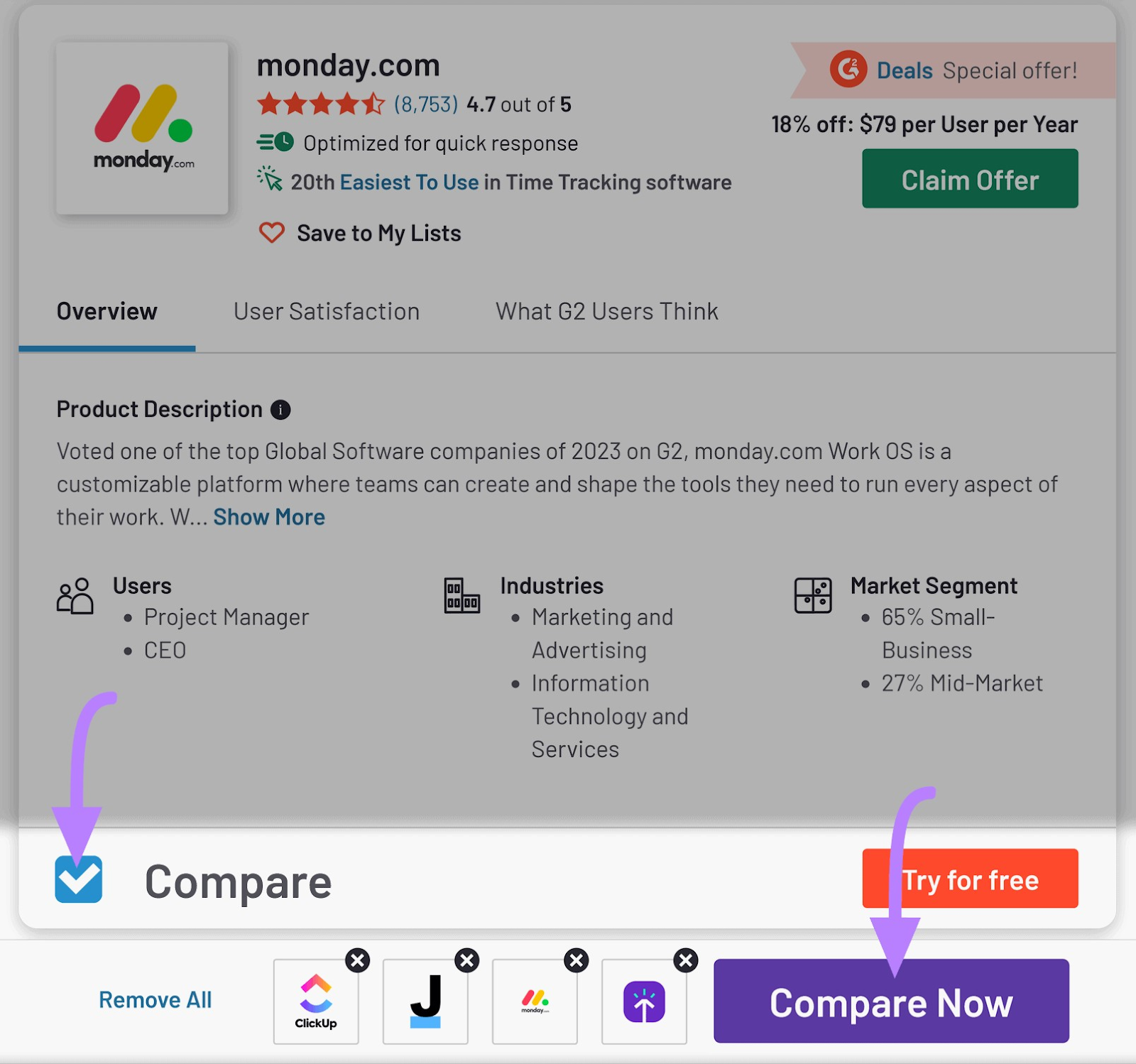 Comparing four competitors on a G2 site