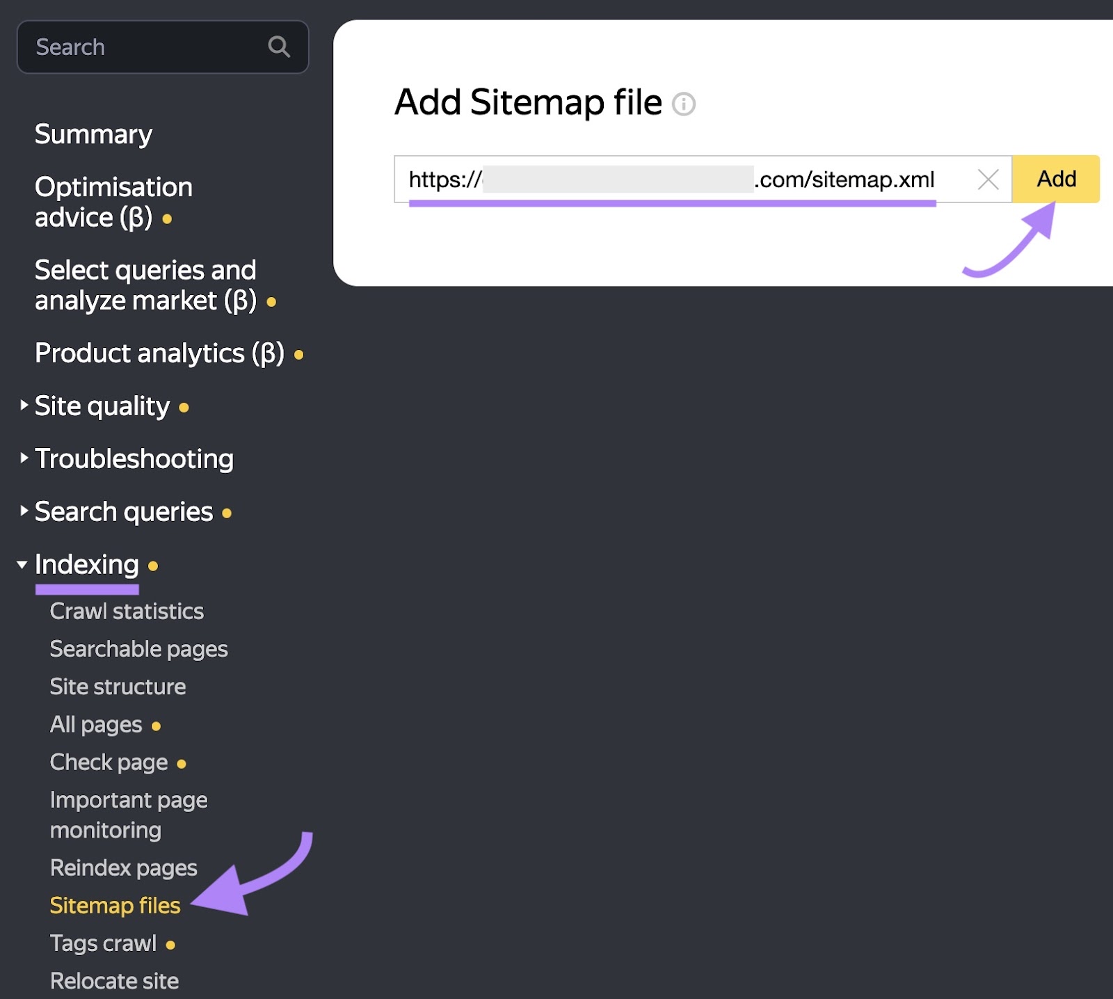 navigation to "Add Sitemap file" on Yandex with a sitemap URL entered and "Add" clicked