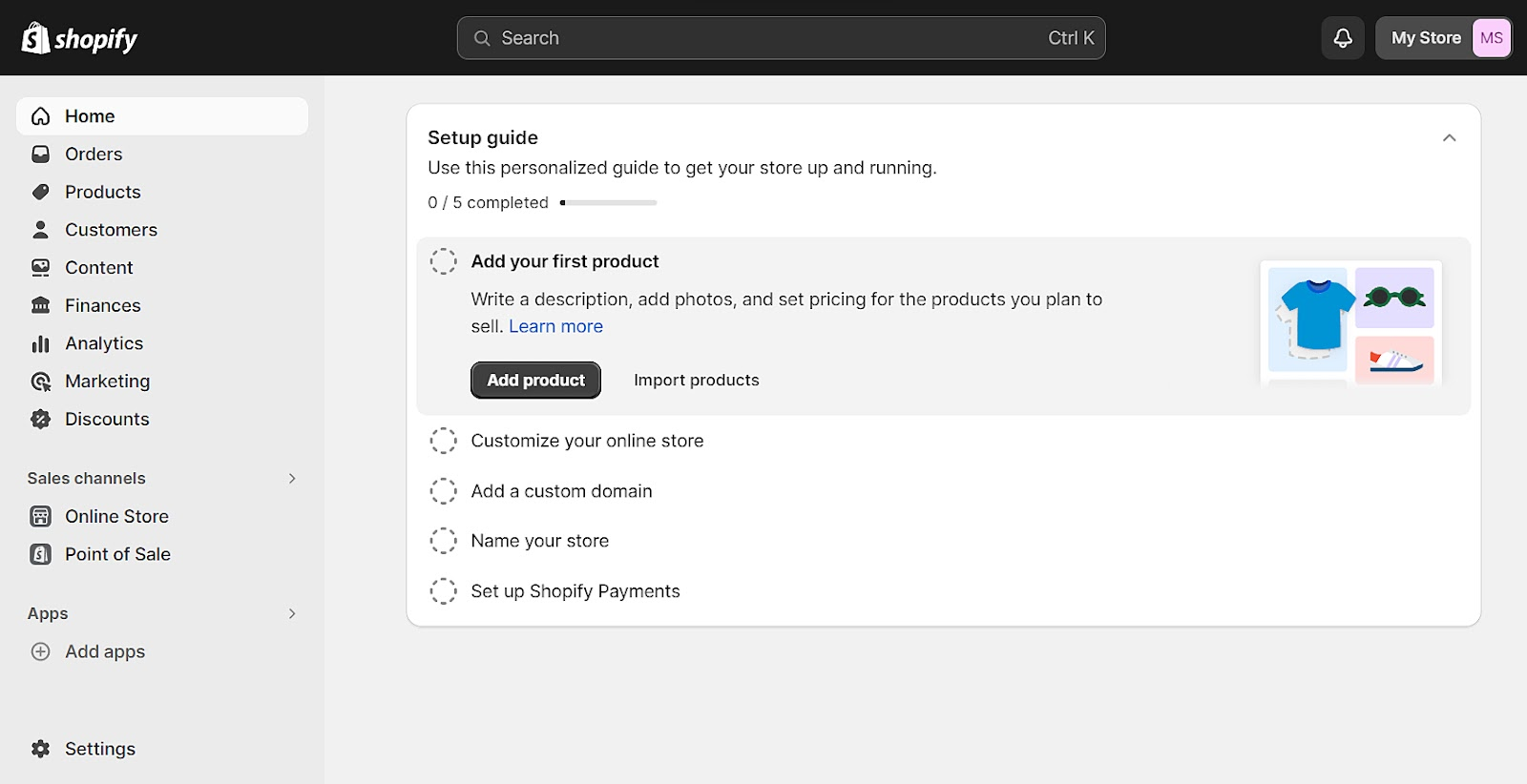 Shopify Admin with five-step setup guide