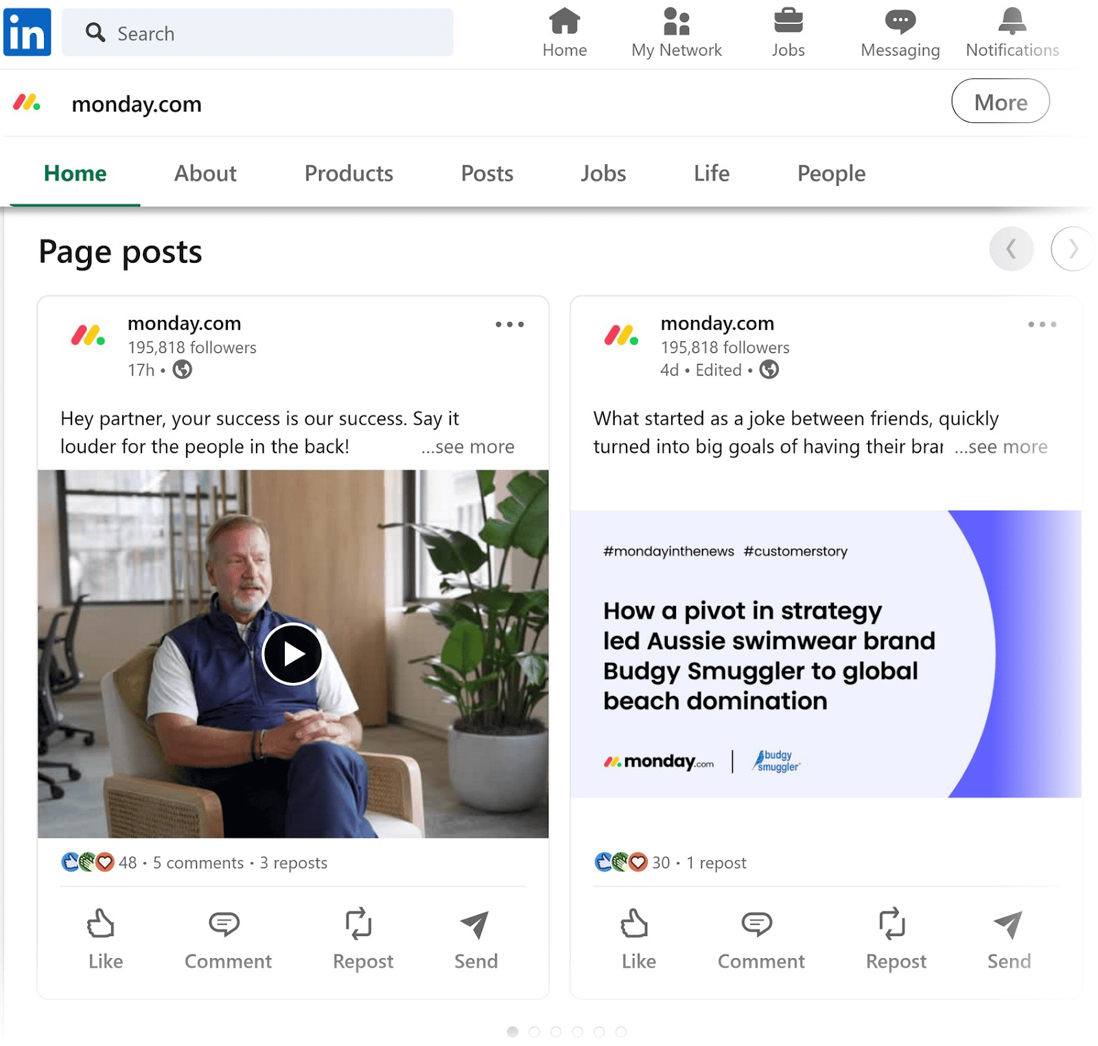 monday.com's page posts section on LinkedIn