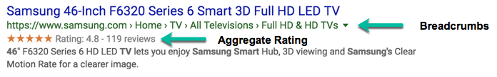 A screenshot of a rich result for a 46 inch Samsung TV which includes an aggregate rating value and clean breadcrumbs