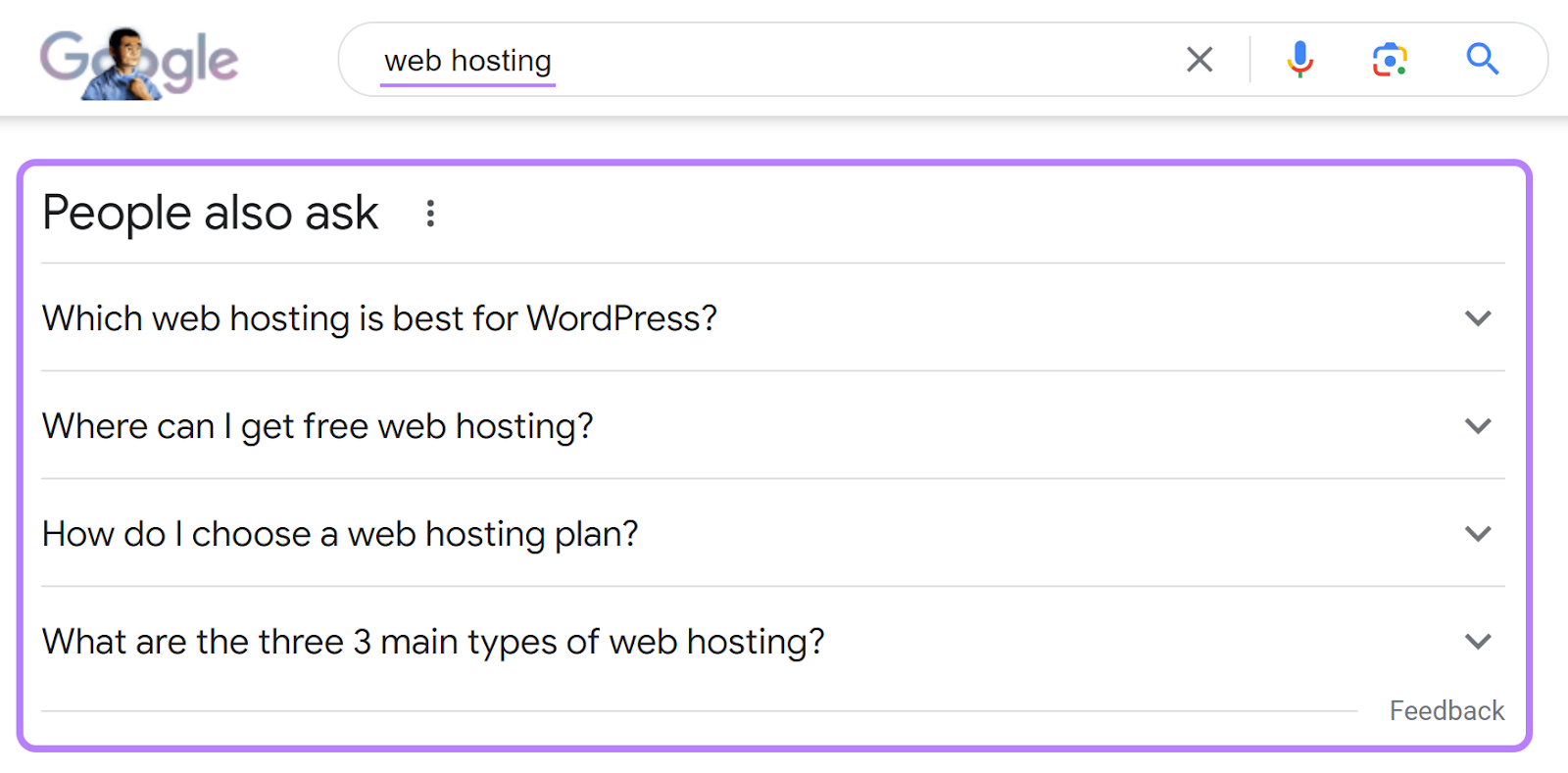Google's "People also ask" section for "web hosting" search