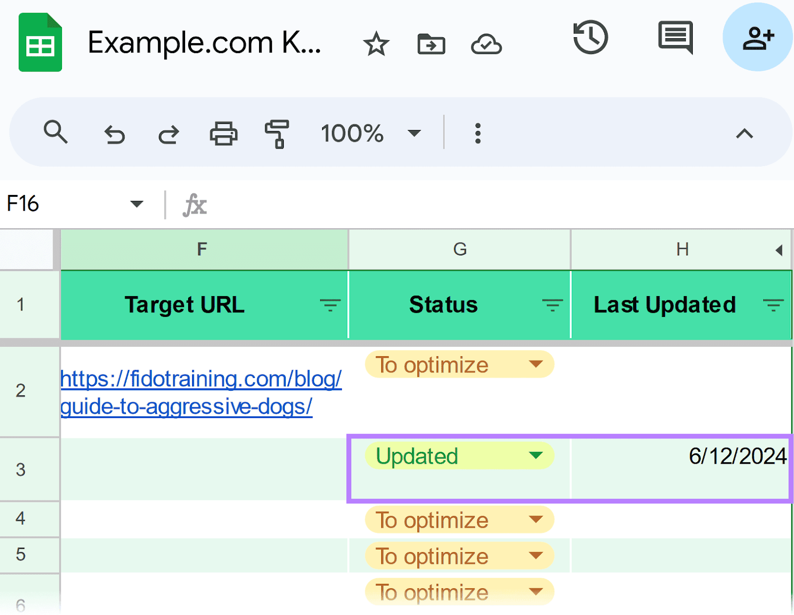 Template displaying "Status" and "Last Updated" columns; one row highlights statuses "To optimize" and "Updated."