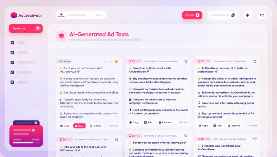 "AI-Generated Ad Texts" section of AdCreative.ai dashboard