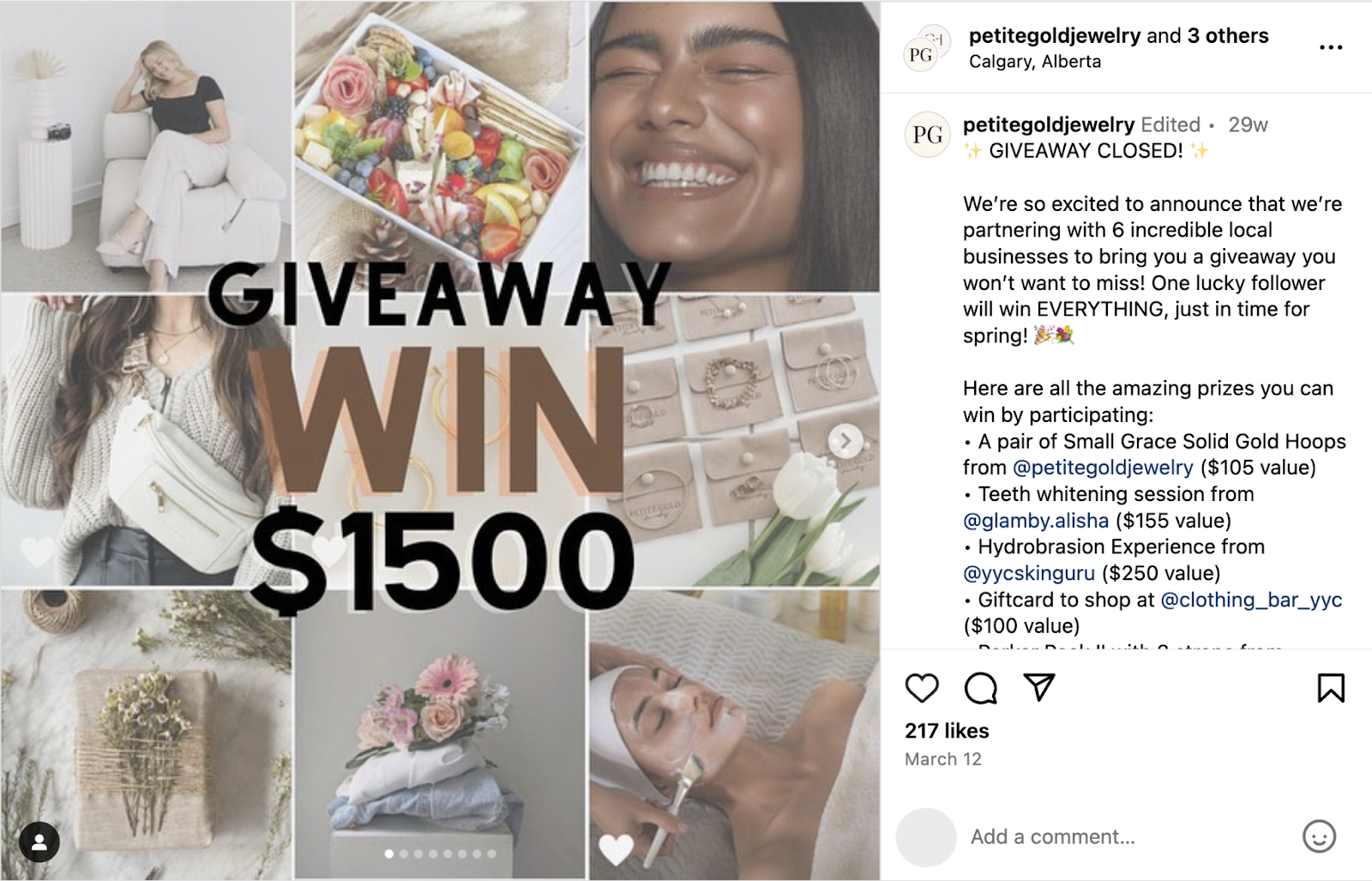 Instagram post details a $1500 giveaway with other local businesses