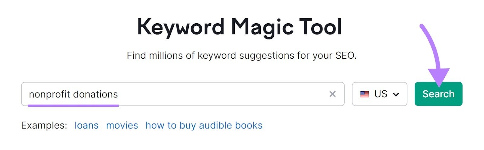 “nonprofit donations” entered into Keyword Magic Tool search bar