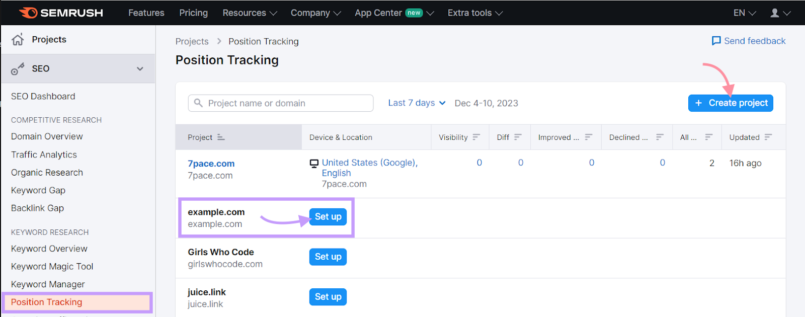 "Create project” button in Position Tracking tool