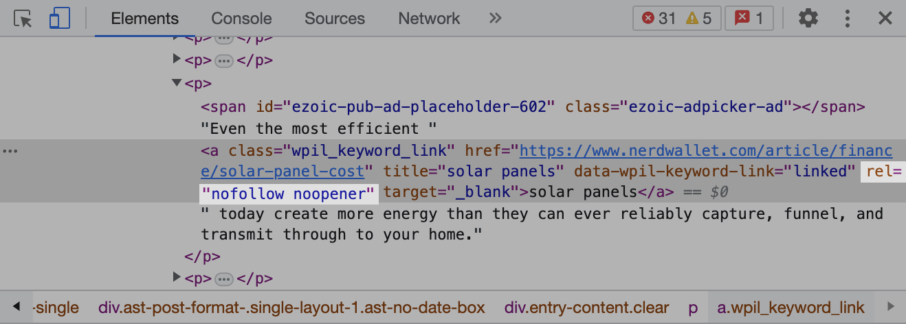 A section of source code with rel=“nofollow noopener” attribute