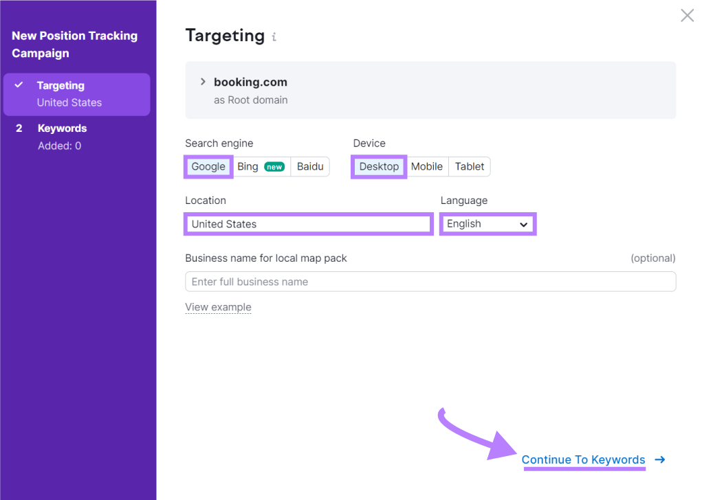 "Targeting" window in Position Tracking tool settings