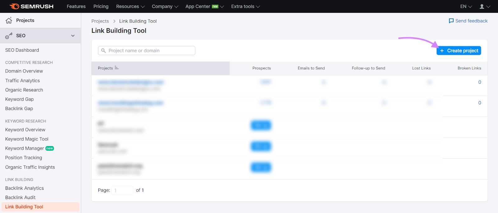 “+ Create project” button highlighted in Link Building Tool