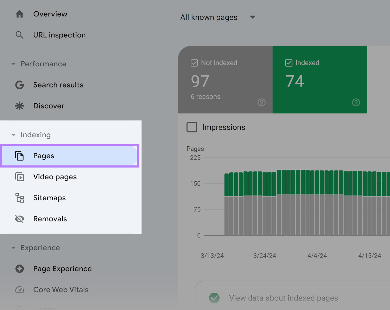 Page report selected and highlighted in the left-hand menu of GSC dashboard.