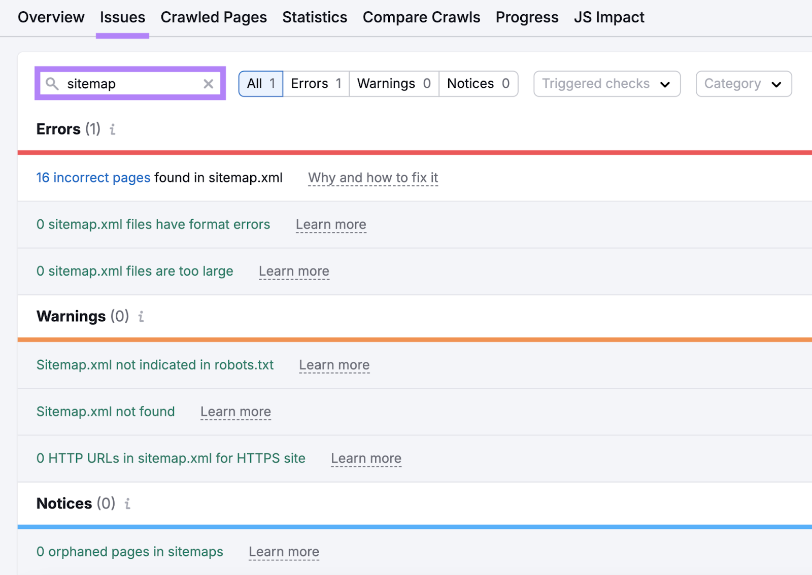 search for sitemap in Site Audit lists issues like incorrect pages, format errors, not found, or orphaned pages