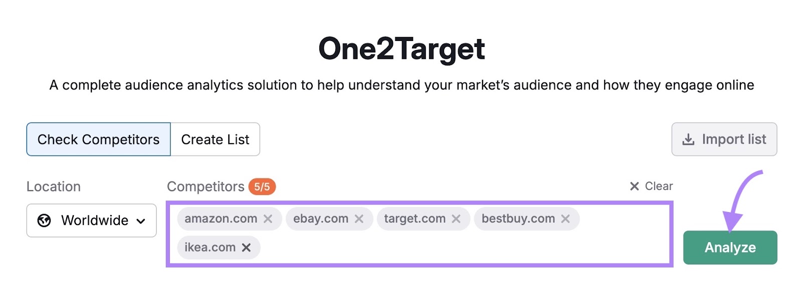 One2Target tool start with five competing domains entered and the "Analyze" button clicked.