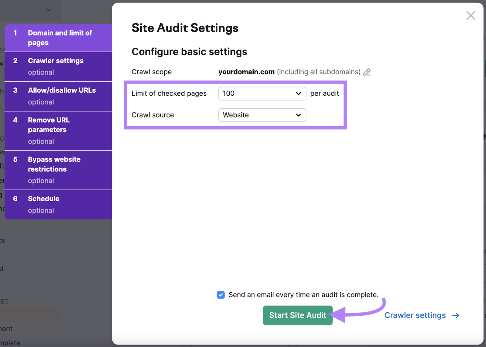 Site Audit Settings page allows you to set number of audited pages and crawl source