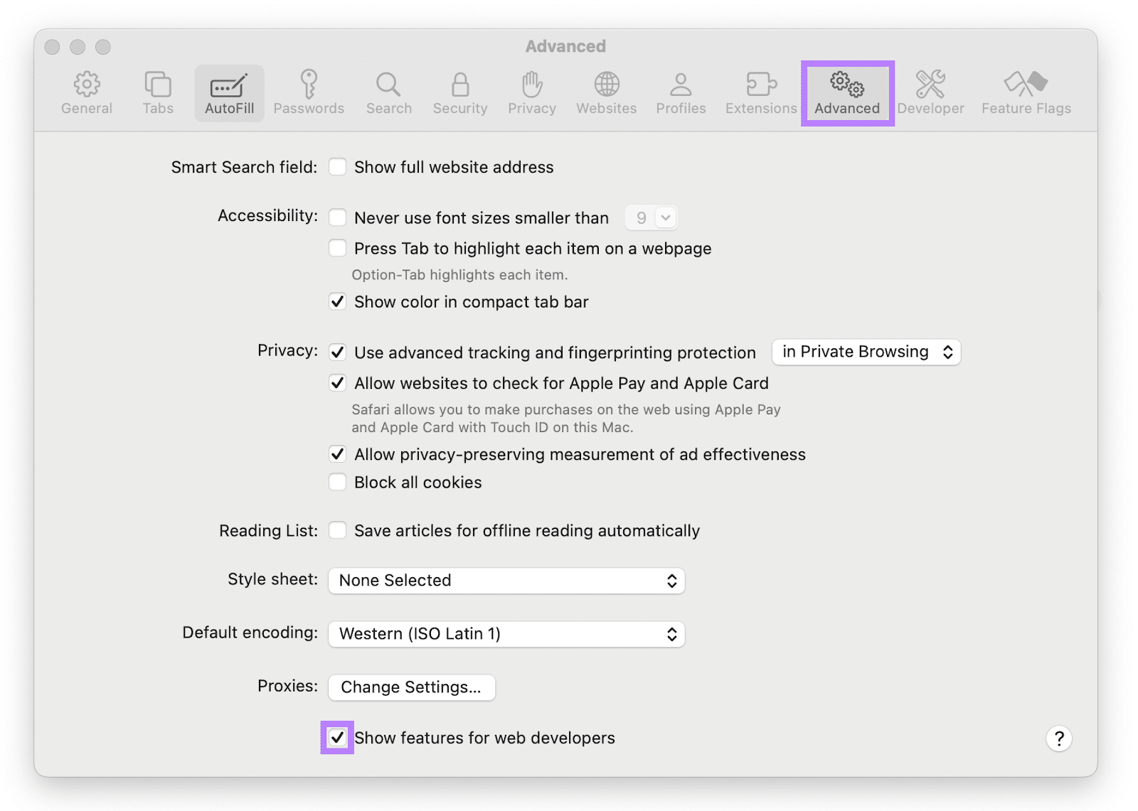 Advanced tab selected and Show features for web developers checked.