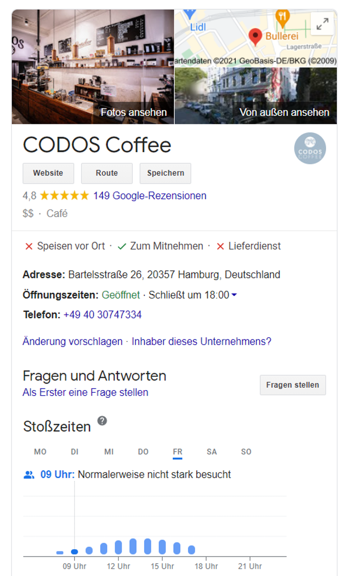 Ein Knowledge Panel stellt die wichtigsten Informationen zu deinem Business auf einen Blick dar.