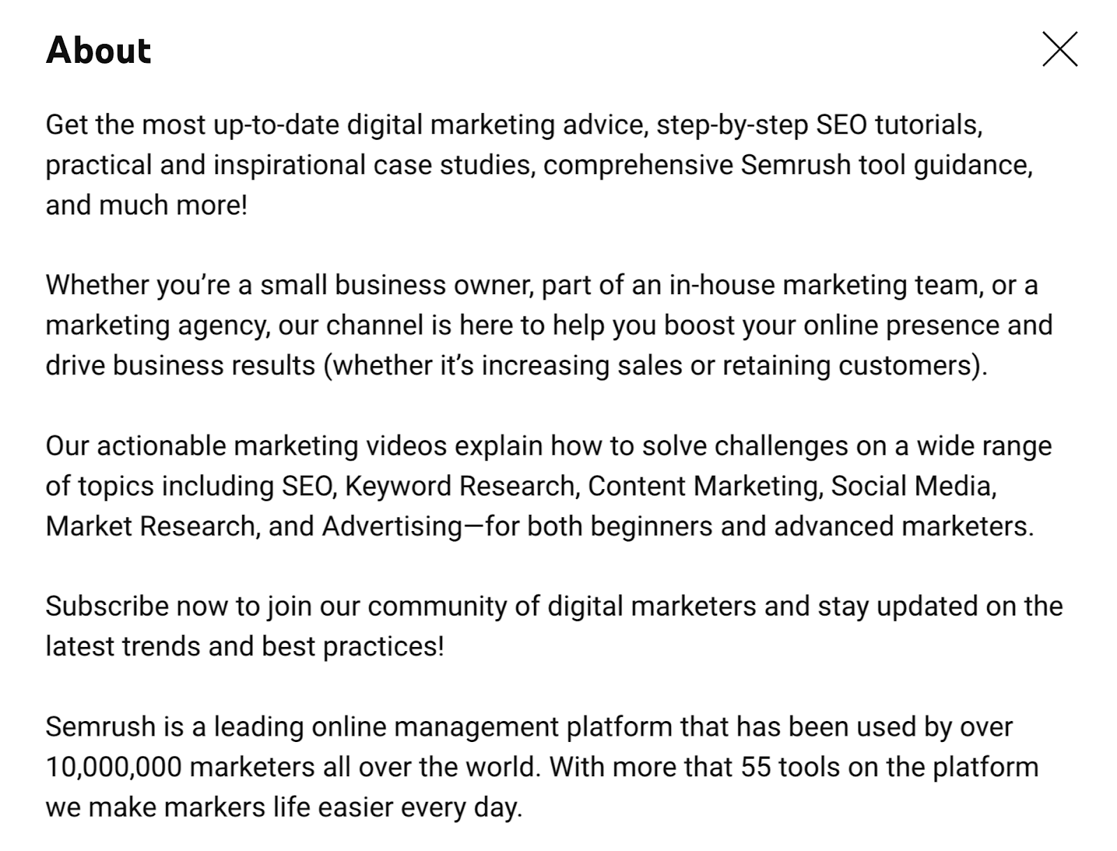 A description on the Semrush YouTube channel