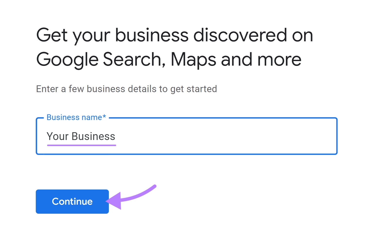 "Continue" button under the "Business name" field in Google Business Profile page